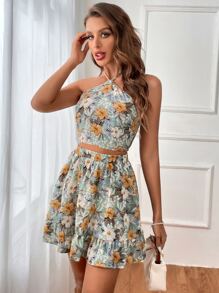 Soleia Floral Print Tie Backless Halter Top & Skirt - Multicolor - View 3