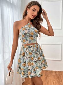Soleia Floral Print Tie Backless Halter Top & Skirt - Multicolor - View 4