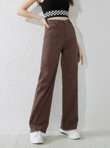 Teen Girls Solid Raw Hem Straight Leg Jeans - Brown - View 1