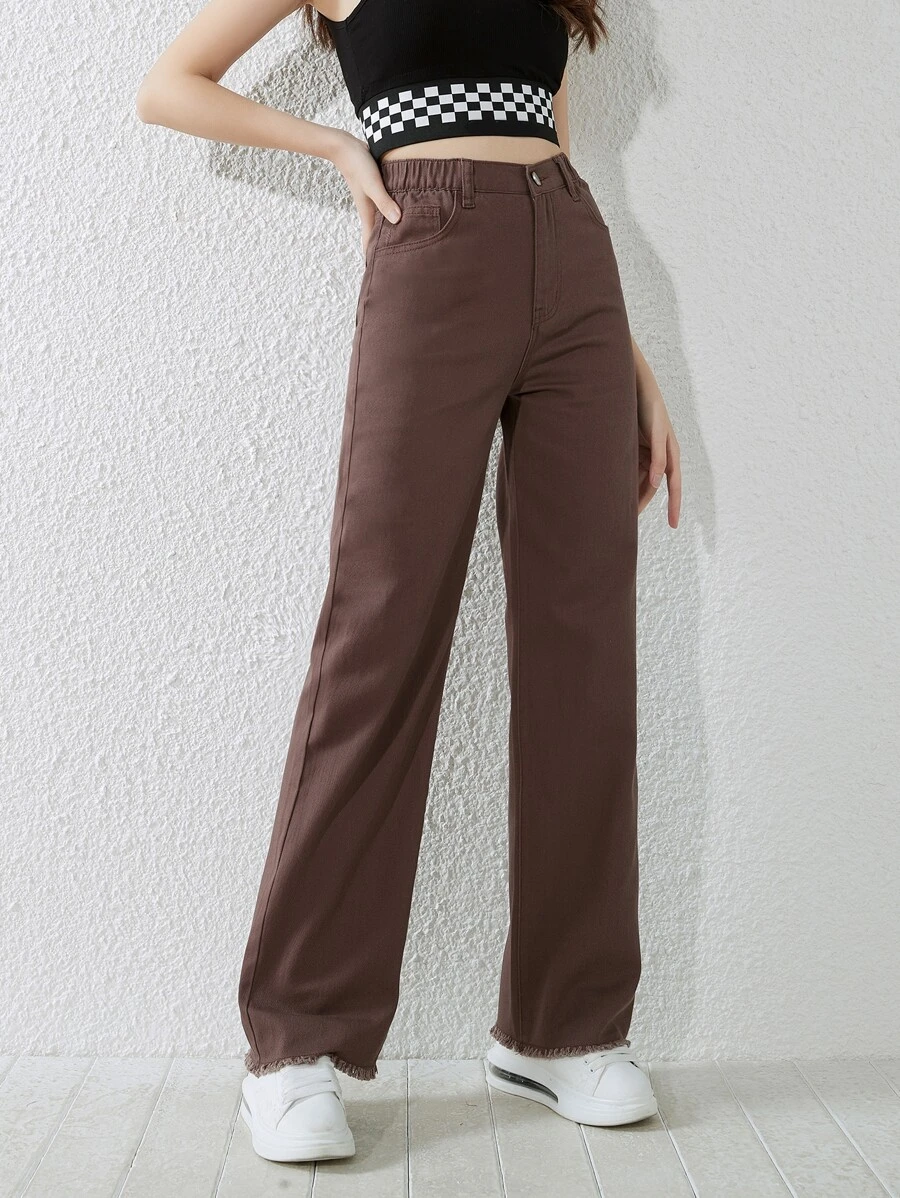 Teen Girls Solid Raw Hem Straight Leg Jeans - Brown - View 1