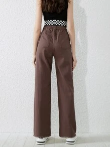 Teen Girls Solid Raw Hem Straight Leg Jeans - Brown - View 2