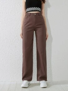 Teen Girls Solid Raw Hem Straight Leg Jeans - Brown - View 3