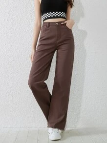 Teen Girls Solid Raw Hem Straight Leg Jeans - Brown - View 4