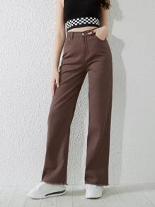 Teen Girls Solid Raw Hem Straight Leg Jeans - Brown - View 5