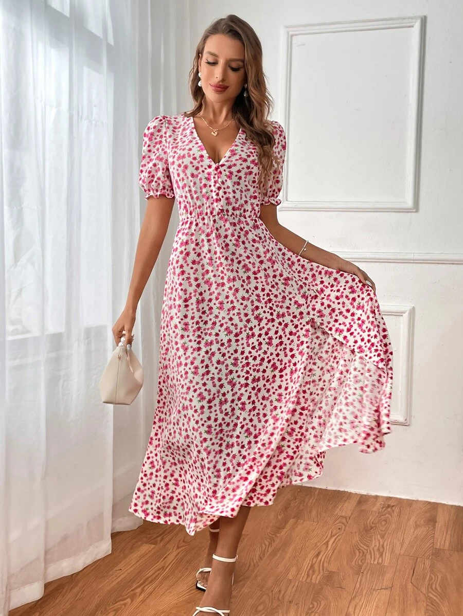 SHEIN VCAY Ditsy Floral Print Puff Sleeve Dress - Pink - View 1