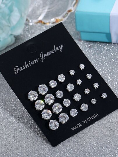 17KM 12pairs Men Cubic Zirconia Decor Stud Earrings