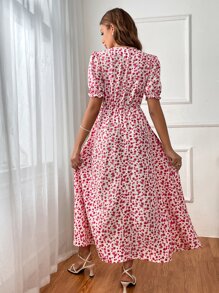 SHEIN VCAY Ditsy Floral Print Puff Sleeve Dress - Pink - View 2