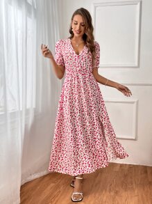 SHEIN VCAY Ditsy Floral Print Puff Sleeve Dress - Pink - View 3