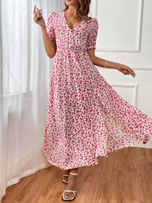 SHEIN VCAY Ditsy Floral Print Puff Sleeve Dress - Pink - View 6
