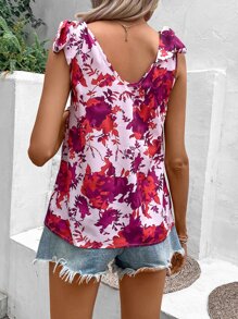 SHEIN VCAY Floral Print Tie Shoulder Tank Top - Pink - View 3