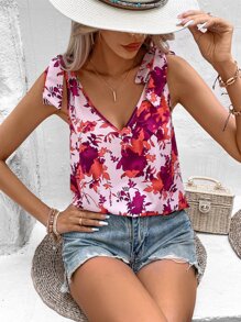 SHEIN VCAY Floral Print Tie Shoulder Tank Top - Pink - View 1