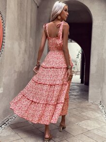 SHEIN VCAY Vestido de tirantes floral de hombros con cordón bajo con fruncido - Rojo y blanco - Ver 2