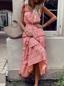 SHEIN VCAY Vestido de tirantes floral de hombros con cordón bajo con fruncido - Rojo y blanco - Ver 6