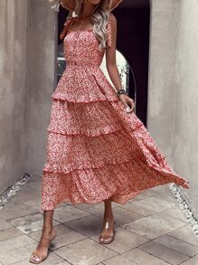 SHEIN VCAY Vestido de tirantes floral de hombros con cordón bajo con fruncido - Rojo y blanco - Ver 5