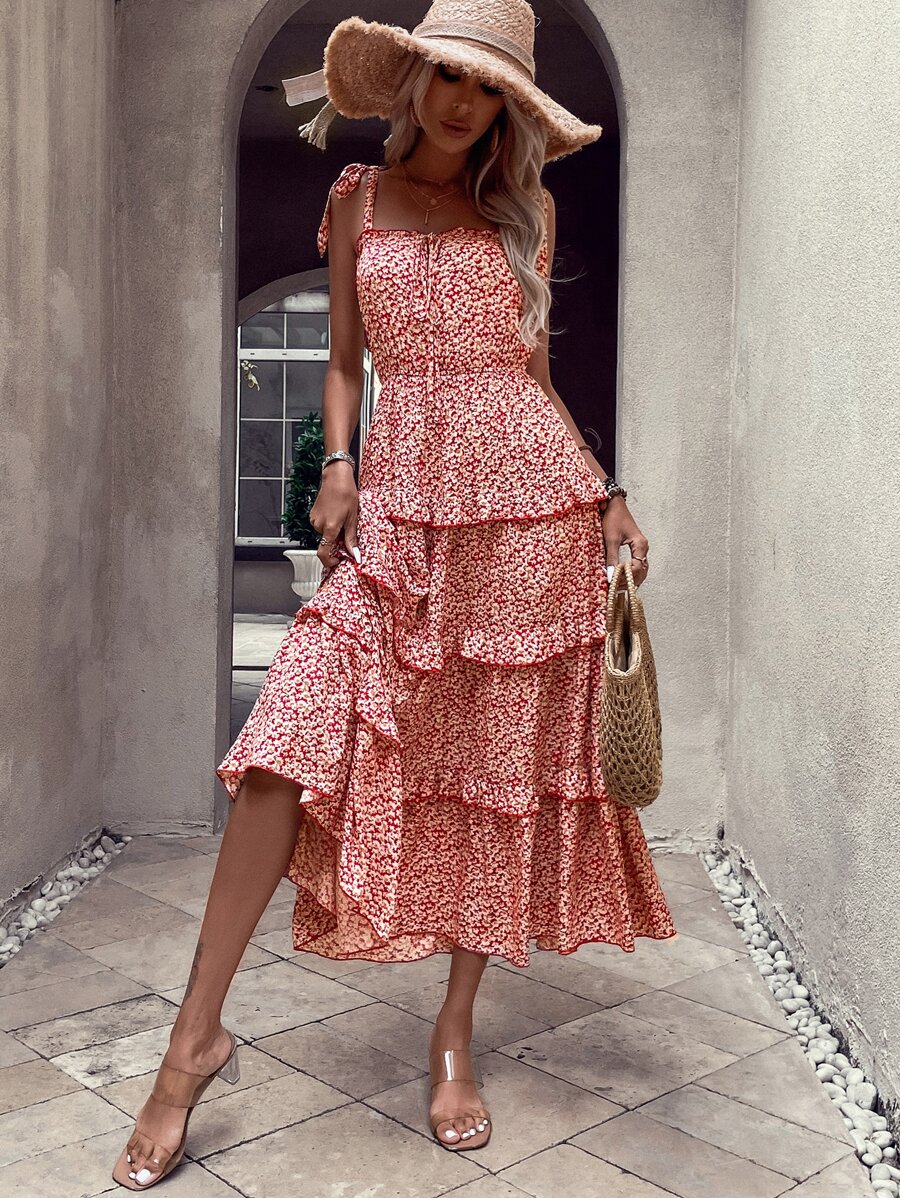 SHEIN VCAY Vestido de tirantes floral de hombros con cordón bajo con fruncido - Rojo y blanco - Ver 1