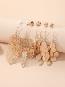 Bộ 12 chiếc/Bộ trang trí lá, vỏ sò và tua rua độc đáo, hoa tai đinh tán & hoa tai dạng dây, quà tặng lễ hội và sinh nhật - Vàng - Xem 1