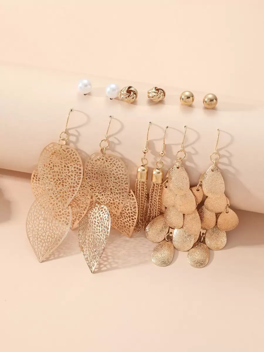 Bộ 12 chiếc/Bộ trang trí lá, vỏ sò và tua rua độc đáo, hoa tai đinh tán & hoa tai dạng dây, quà tặng lễ hội và sinh nhật - Vàng - Xem 1