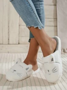 Fall/Winter Women Cat Embroidered Cartoon Ear Decor Novelty Slippers, Preppy White Fabric Slippers,Fluffy Slippers - White - View 5