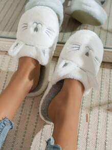 Fall/Winter Women Cat Embroidered Cartoon Ear Decor Novelty Slippers, Preppy White Fabric Slippers,Fluffy Slippers - White - View 3