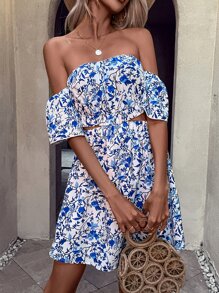 SHEIN VCAY Floral Print Off Shoulder Cut Out Dress - Blue - View 1