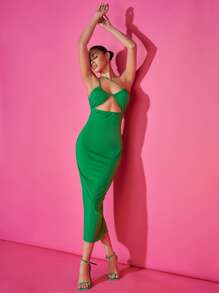 SHEIN BAE 鏤空後背開衩單肩洋裝 - 綠色 - 查看 6