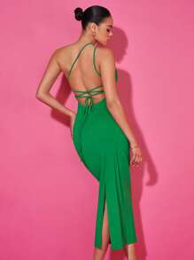 SHEIN BAE 鏤空後背開衩單肩洋裝 - 綠色 - 查看 2