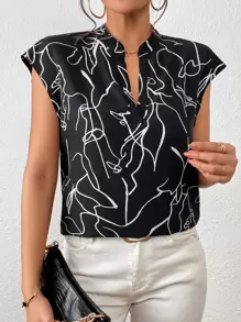 SHEIN Privé Abstract Figure Graphic Batwing Sleeve Popover Blouse - Black - View 1