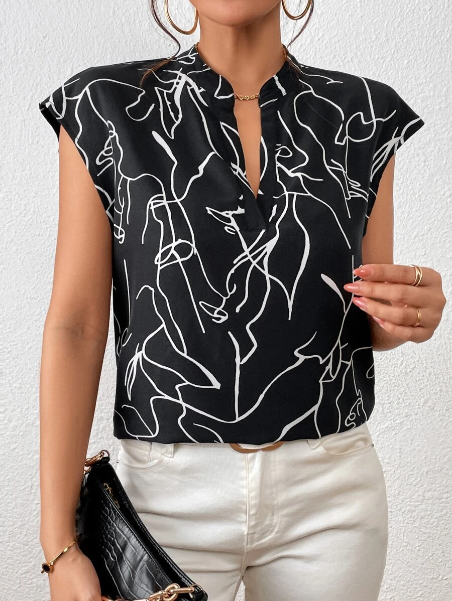 SHEIN Privé Abstract Figure Graphic Batwing Sleeve Popover Blouse - Black - View 1