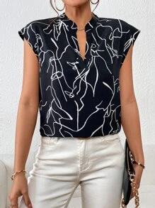 SHEIN Privé Abstract Figure Graphic Batwing Sleeve Popover Blouse - Black - View 5