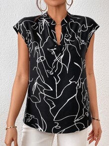 SHEIN Privé Abstract Figure Graphic Batwing Sleeve Popover Blouse - Black - View 6