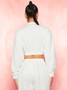 SHEINNeu Drop Shoulder Contrast Stitch Zipper Placket Crop Sweatshirt - White - View 3