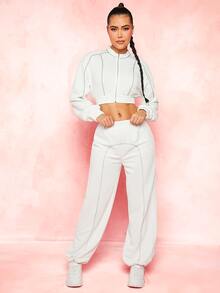 SHEINNeu Drop Shoulder Contrast Stitch Zipper Placket Crop Sweatshirt - White - View 4