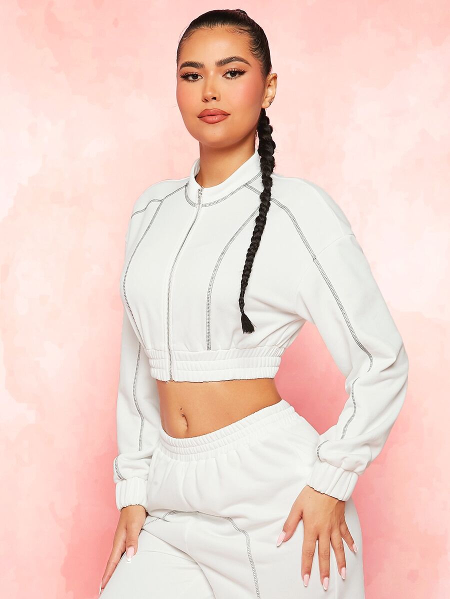 SHEINNeu Drop Shoulder Contrast Stitch Zipper Placket Crop Sweatshirt - White - View 1