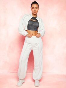 SHEINNeu Drop Shoulder Contrast Stitch Zipper Placket Crop Sweatshirt - White - View 5