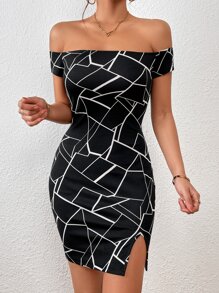 SHEIN Privé Đầm Chia Hình học Tất cả trên in Thanh lịch - màu đen - Xem 1