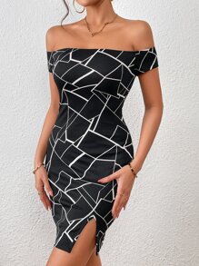 SHEIN Privé Đầm Chia Hình học Tất cả trên in Thanh lịch - màu đen - Xem 4
