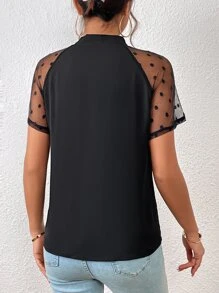 SHEIN Frenchy 拼接波點網紗繫帶領襯衫 - 黑色 - 查看 2