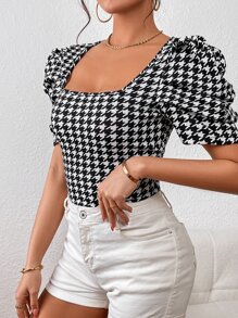 SHEIN Privé Áo thun nữ răng cưa Giải trí - Đen và trắng - Xem 3