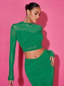 SHEIN BAE Solid Cross Wrap Ruched Crop Mesh Top - Green - View 3