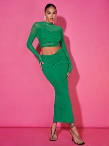 SHEIN BAE Solid Cross Wrap Ruched Crop Mesh Top - Green - View 4