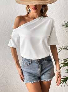 SHEIN VCAY Blusa unicolor de un hombro con diseño de botón - Blanco - Ver 1