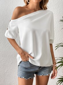 SHEIN VCAY Blusa unicolor de un hombro con diseño de botón - Blanco - Ver 3
