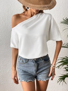 SHEIN VCAY Blusa unicolor de un hombro con diseño de botón - Blanco - Ver 4
