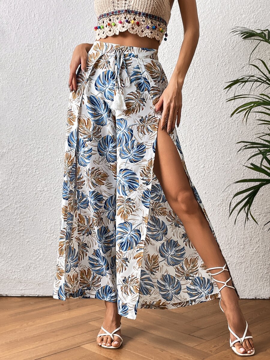 SHEIN VCAY Tropical Print Split Thigh Belted Wide Leg Trousers - Multicolor - View 1