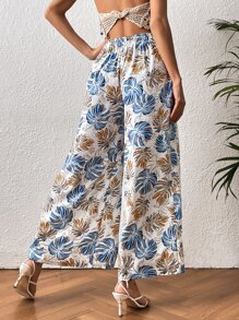 SHEIN VCAY Tropical Print Split Thigh Belted Wide Leg Trousers - Multicolor - View 2