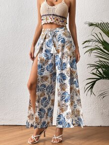SHEIN VCAY Tropical Print Split Thigh Belted Wide Leg Trousers - Multicolor - View 4