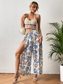 SHEIN VCAY Tropical Print Split Thigh Belted Wide Leg Trousers - Multicolor - View 5