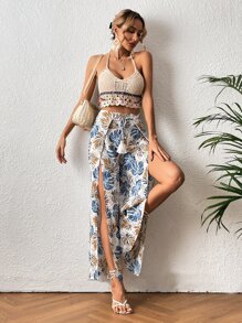 SHEIN VCAY Tropical Print Split Thigh Belted Wide Leg Trousers - Multicolor - View 6