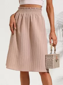 SHEIN Clasi Solid Elastic Waist Pleated Skirt - Apricot - View 1