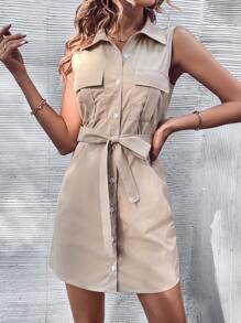 SHEIN LUNE 翻蓋口袋腰帶襯衫連衣裙 - 杏色 - 查看 1